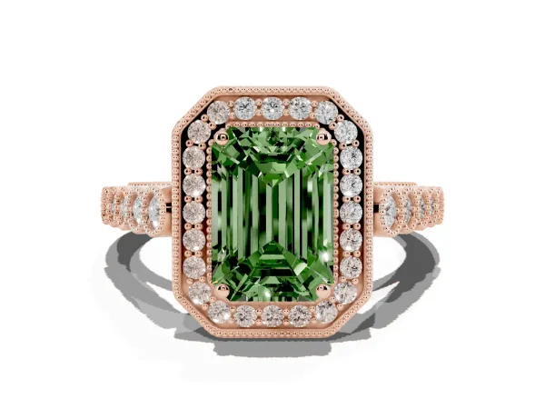 Fancy Green Emerald Cut Halo Milgrain Solitaire with Bezel Set Side Stones and Pave Band Rose gold