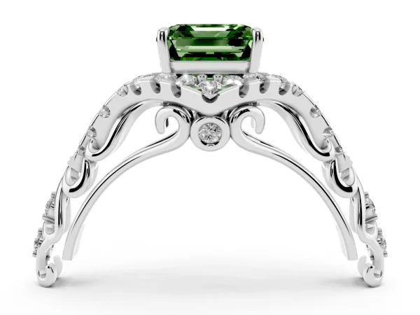 Fancy Green Asscher Cut Diamond Solitaire Ring with Hidden Halo and Pavé Band Platinum