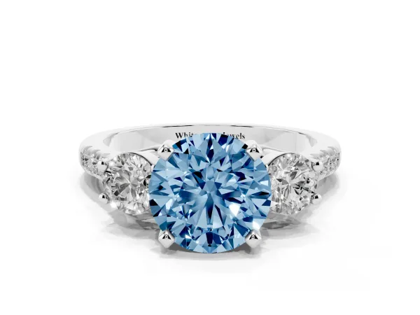 Fancy Blue Three-Stone Round Cut Diamond Pavé Band with Four-Prong Setting White gold