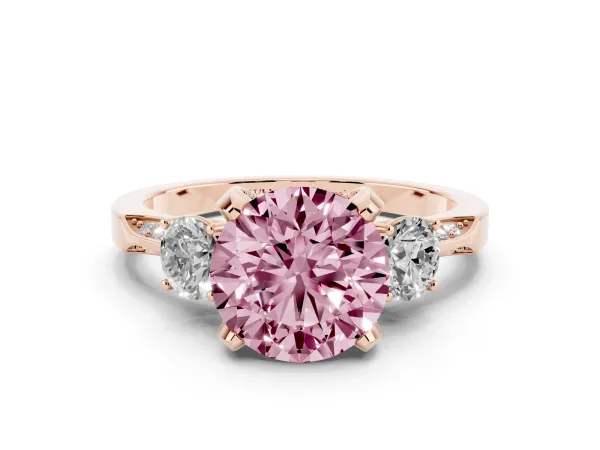 Fancy Pink Round Cut Brilliant Three-Stone Diamond Ring with Pavé Band and Four-Prong Setting Rose gold