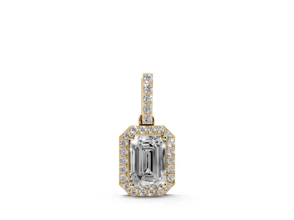 Emerald Cut Halo Diamond Pendant with Prong Setting Yellow gold