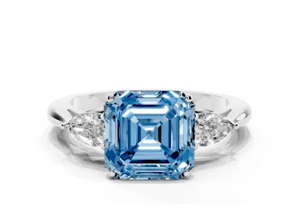 Fancy Blue Three-Stone Asscher Cut Diamond Ring with Pear Side Stones in Four-Prong Setting Platinum