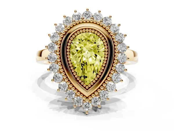 Fancy Yellow Pear Cut Halo Diamond Ring with Milgrain Edge and Round Prong Setting Yellow gold