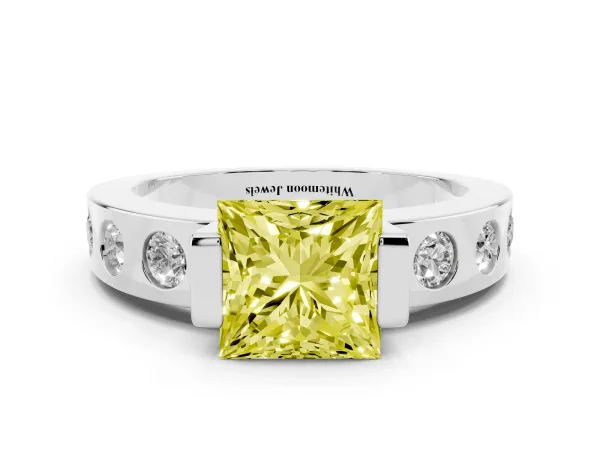 Fancy Yellow Princess Cut Brilliant Channel-Set Diamond Ring with Bezel Prong Setting Platinum