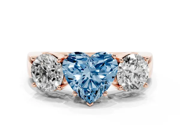 Fancy Blue Three-Stone Heart Cut Diamond Ring with Round Side Stones, Classic Band, and Four-Prong Setting Rose gold