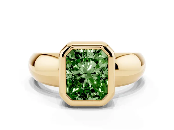 Fancy Green Bezel Set Radiant Cut Solitaire Ring with Wide Band Yellow gold