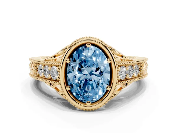 Fancy Blue Bezel Set Oval Cut Diamond Milgrain Pave Engagement Ring Yellow gold