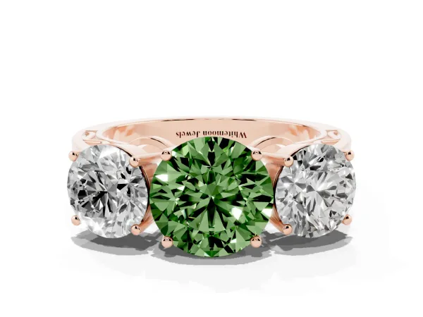 Fancy Green Round Cut Diamond Three-Stone Ring with Prong Setting and Textured Band Rose gold