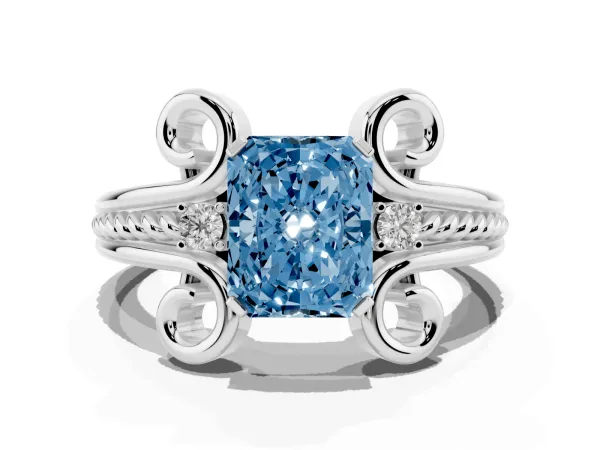Fancy Blue Radiant Cut Solitaire Twisted Band Scroll Prong Ring Platinum