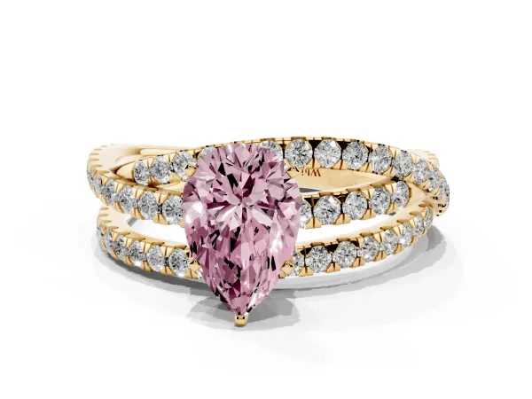 Fancy Pink Pear Cut Solitaire Twist Band with Pavé Setting and Four-Prong Setting Yellow gold