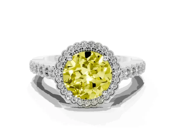 Fancy Yellow Round Cut Cut Halo Pavé Solitaire Ring with Milgrain Band Platinum
