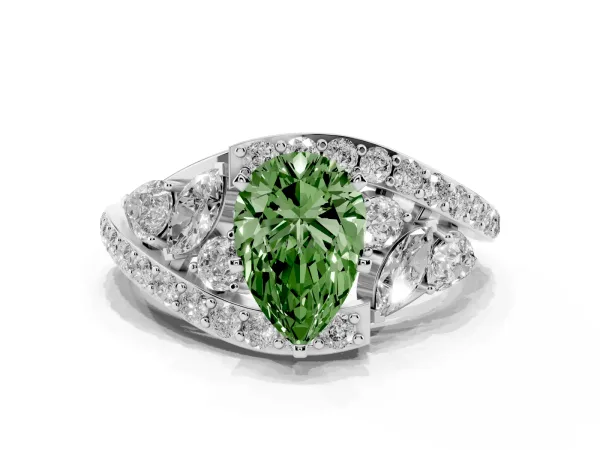 Fancy Green Pear Cut Diamond Halo Ring with Marquise and Pavé Band in Prong Setting White gold