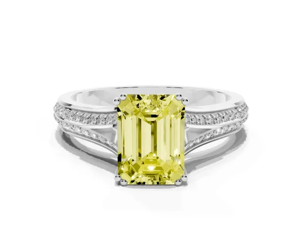 Fancy Yellow Emerald Cut Diamond Split Shank Engagement Ring with Pavé Band White gold