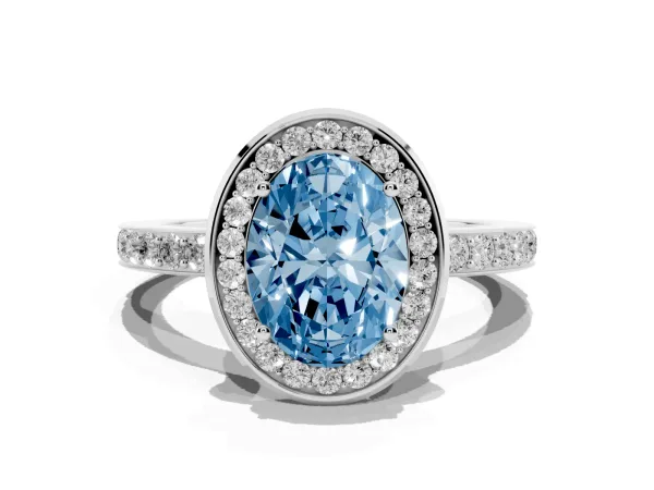 Fancy Blue Oval Cut Diamond Halo Ring with Bezel Frame and Pavé Band White gold