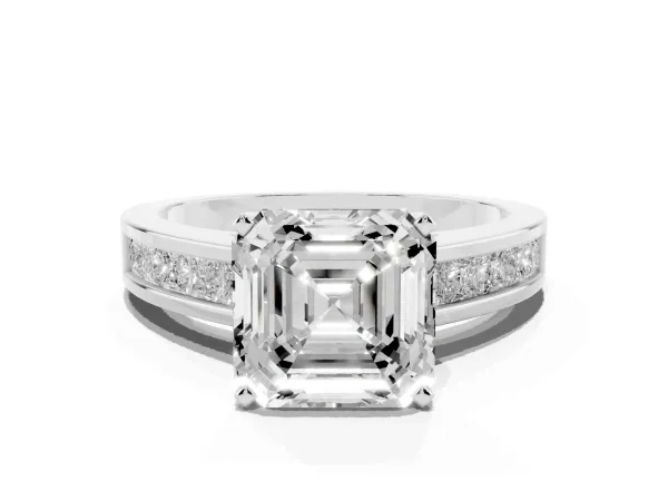 Asscher Cut Solitaire Diamond Ring with Channel-Set Band and Four-Prong Setting White gold