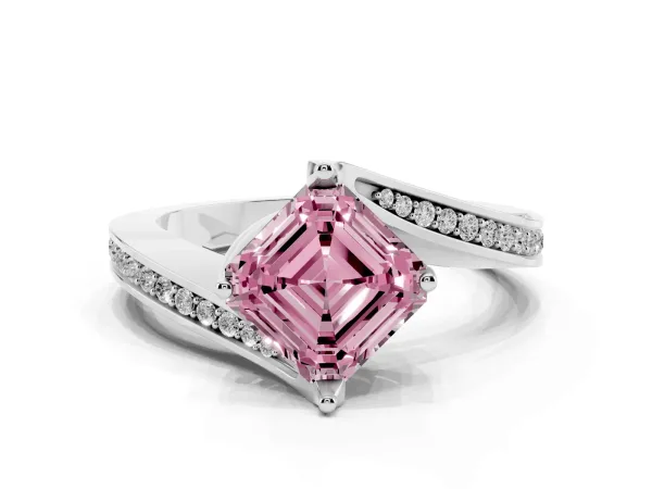 Fancy Pink Asscher Cut Solitaire Diamond Twist Band with Pavé Setting and Four-Prong Setting Platinum
