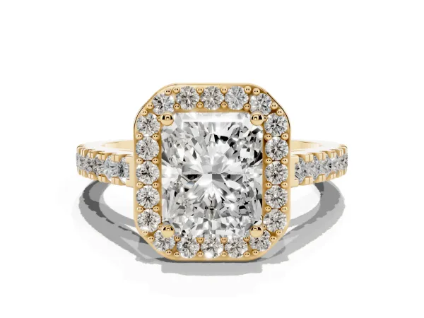 Radiant Cut Diamond Halo Ring with Round Pavé Split Shank and Prong Setting Yellow gold