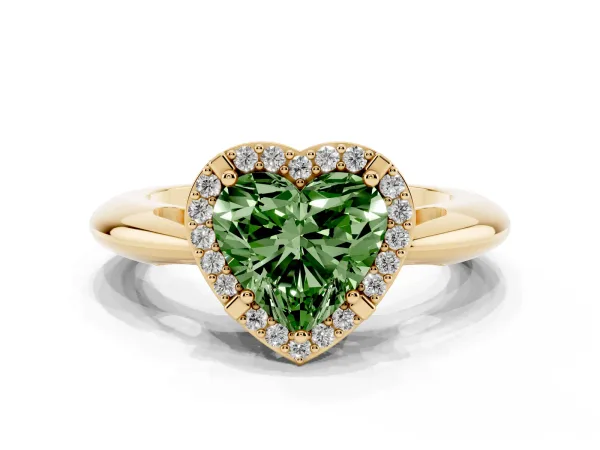Fancy Green Heart Cut Cut Diamond Halo Engagement Ring with Split Shank and Four-Prong Setting Yellow gold