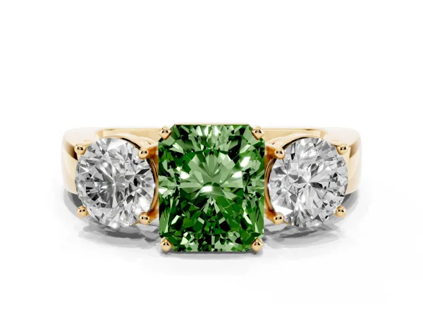 Fancy Green Three-Stone Radiant Cut Diamond Ring with Round Side Stones, Classic Band, and Four-Prong Setting Yellow gold