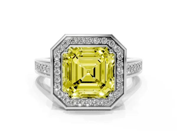 Fancy Yellow Asscher Cut Halo Solitaire Diamond Ring with Pave Band and Bezel Setting White gold