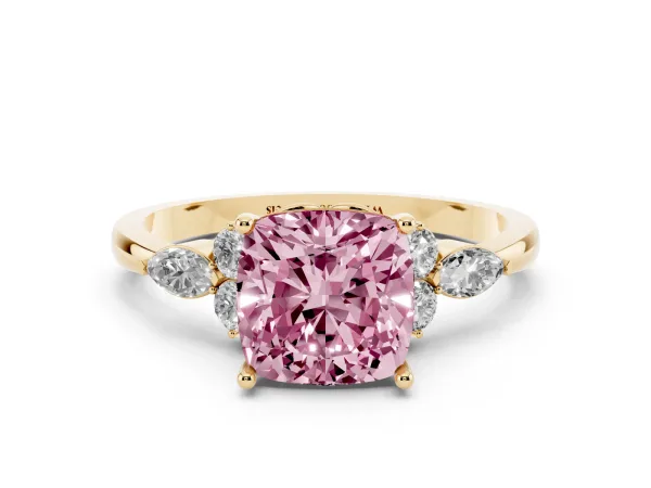 Fancy Pink Cushion Cut Brilliant Diamond Solitaire Ring with Pear Side Stones and Four-Prong Setting Yellow gold