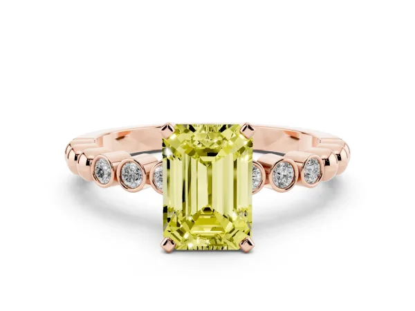 Fancy Yellow Emerald Cut Solitaire Bezel Accent Diamond Engagement Ring with Beaded Band and Four-Prong Setting Rose gold