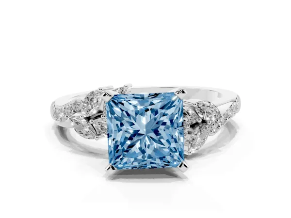 Fancy Blue Princess Cut Solitaire Marquise Twist Band with Six-Prong Setting Platinum