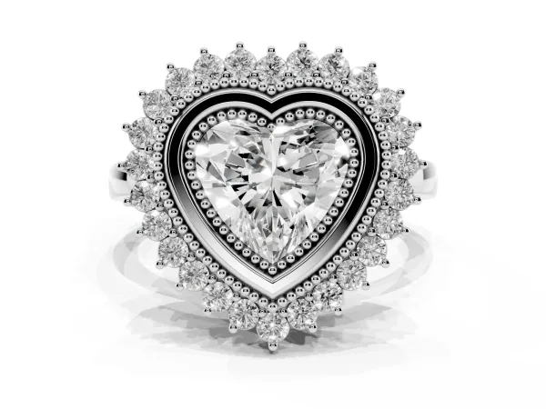 Heart Cut Halo Diamond Ring with Milgrain Edge and Round Prong Setting White gold