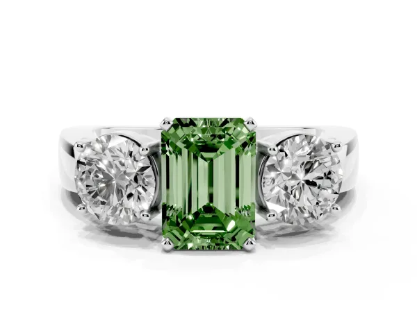 Fancy Green Three-Stone Emerald Cut Diamond Ring with Round Side Stones, Classic Band, and Four-Prong Setting Platinum