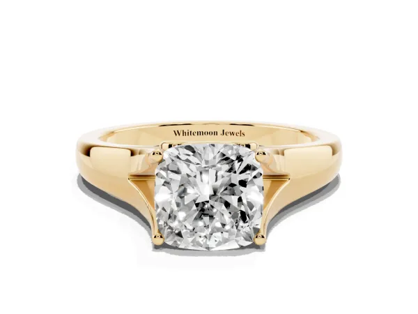Cushion Cut Solitaire Diamond Ring with Cathedral Band and Four-Prong Setting Yellow gold