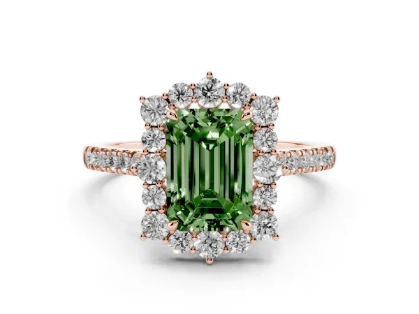 Fancy Green Emerald Cut Halo Diamond Ring with Pavé Band and Prong Setting Rose gold