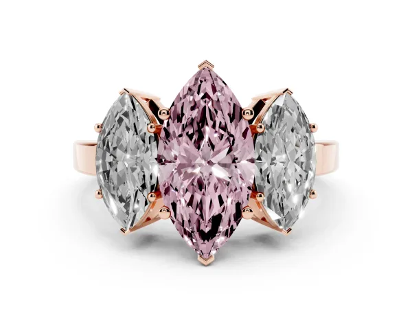 Fancy Pink Three-Stone Marquise Cut Cut Diamond Engagement Ring with Flat Band and Four-Prong Setting Rose gold
