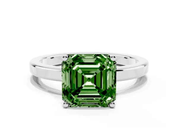 Fancy Green Asscher Cut Cut Solitaire Engagement Ring with Four-Prong Setting on a Classic Band White gold