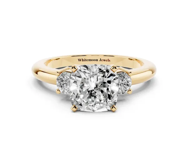 Three-Stone Cushion Cut Cut Diamond Solitaire with Prong Setting and Classic Band Yellow gold