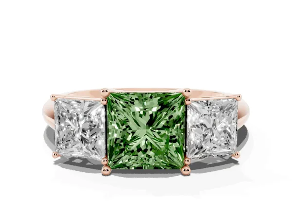 Fancy Green Three-Stone Princess Cut Cut Diamond Engagement Ring with Prong Setting on a White Gold Band Rose gold