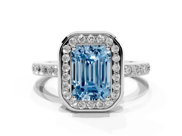 Fancy Blue Emerald Cut Diamond Halo Ring with Bezel Frame and Pavé Band White gold