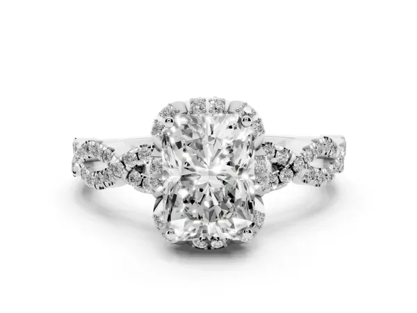 Radiant Cut Halo Twist Band Solitaire Ring with Six-Prong Setting White gold