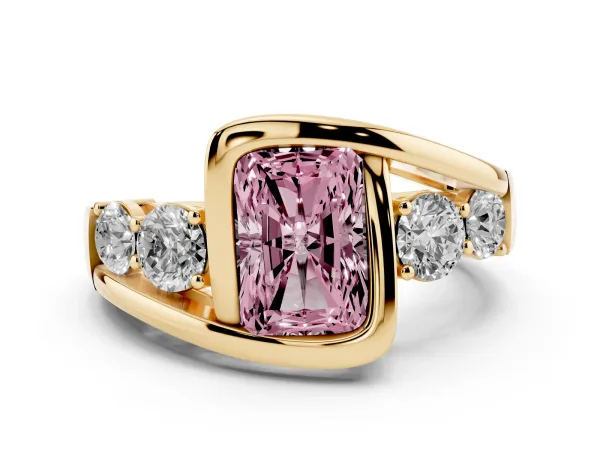 Fancy Pink Bezel Set Radiant Cut Diamond Bypass Ring with Round Accents Yellow gold