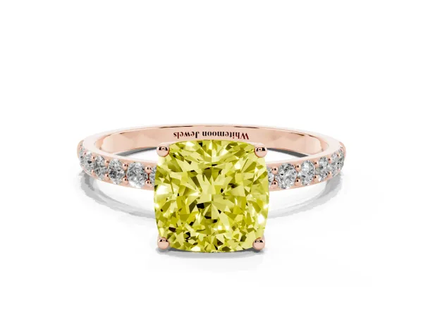 Fancy Yellow Cushion Cut Diamond Solitaire Engagement Ring with Round Pavé Band and Prong Setting Rose gold