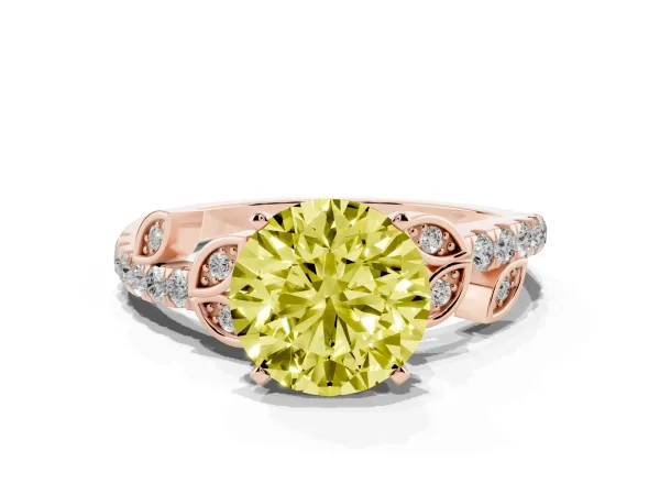 Fancy Yellow Round Cut Solitaire Leaf-Inspired Diamond Ring with Pavé Band and Four-Prong Setting Rose gold