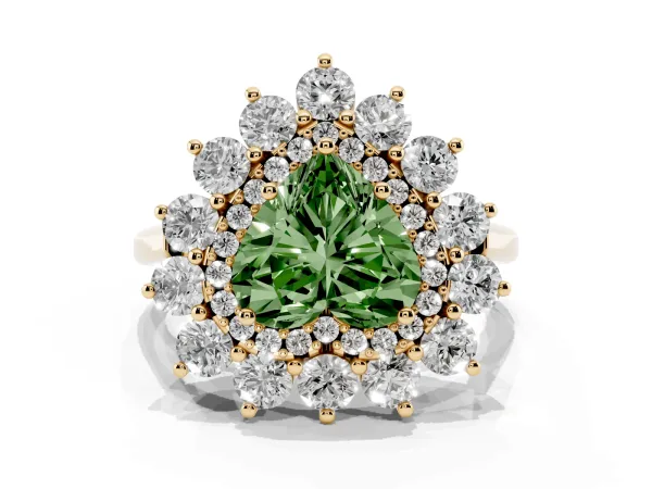 Fancy Green Heart Cut Diamond Floral Double Halo Engagement Ring with Prong Setting Yellow gold