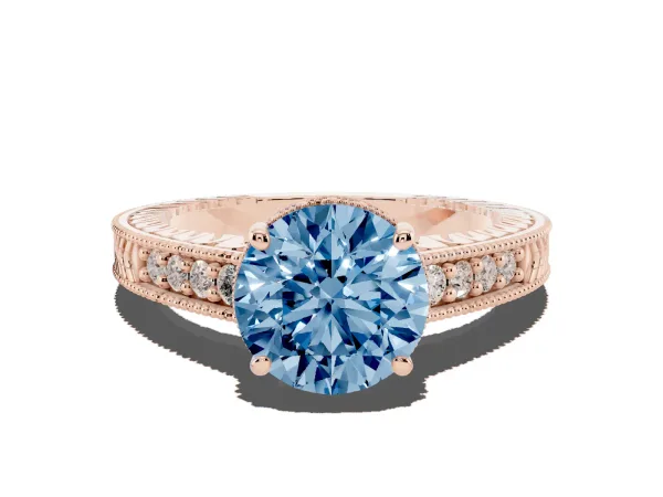 Fancy Blue Round Cut Solitaire Pavé Diamond Milgrain Engagement Ring with Four-Prong Setting Rose gold