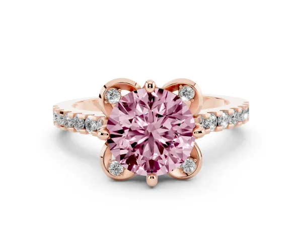 Fancy Pink Round Cut Diamond Ring with Pavé Band and Floral Prong Setting Rose gold