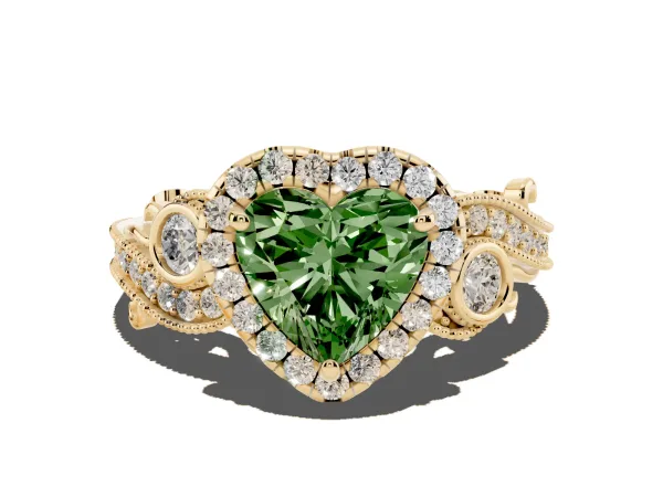 Fancy Green Heart Cut Diamond Halo Ring with Milgrain Pavé Band and Four-Prong Setting Yellow gold