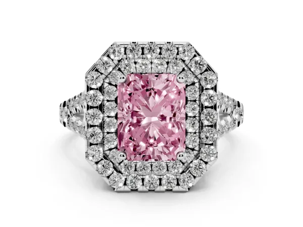 Fancy Pink Double Halo Radiant Cut Diamond Pavé Split Shank Ring with Prong Setting Platinum