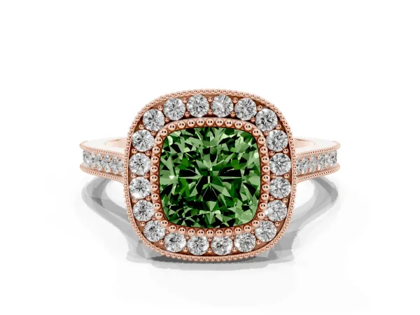 Fancy Green Cushion Cut Diamond Halo Ring with Milgrain Frame and Pavé Band Rose gold