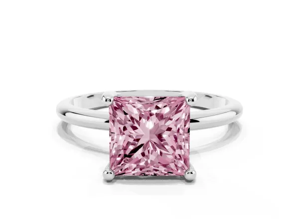Fancy Pink Princess Cut Solitaire Diamond Ring with 4-Prong Setting on a Classic Band White gold