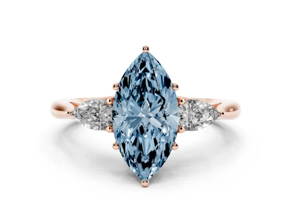 Fancy Blue Three-Stone Marquise Cut Diamond Ring with Pear Side Stones in Four-Prong Setting Rose gold