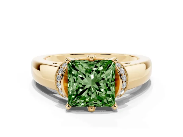 Fancy Green Princess Cut Solitaire Diamond Ring with Pave Band and Six-Prong Setting Yellow gold