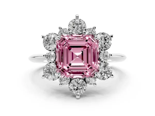 Fancy Pink Asscher Cut Diamond Cluster Halo Ring with Solitaire Band and Four-Prong Setting White gold